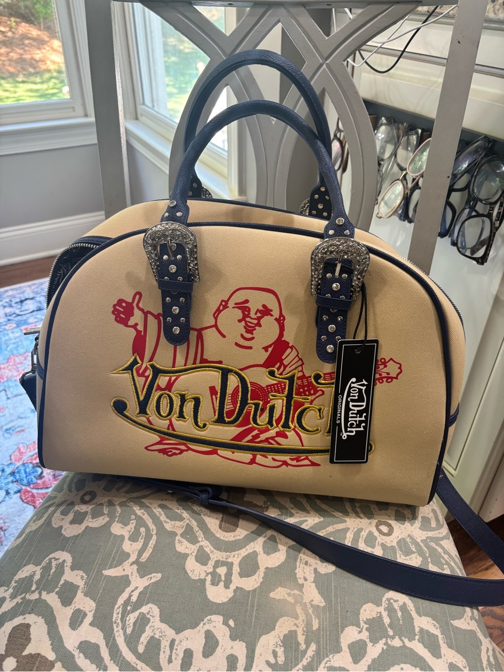 Von Dutch Beige Satchel with Navy Handles and Red Logo
